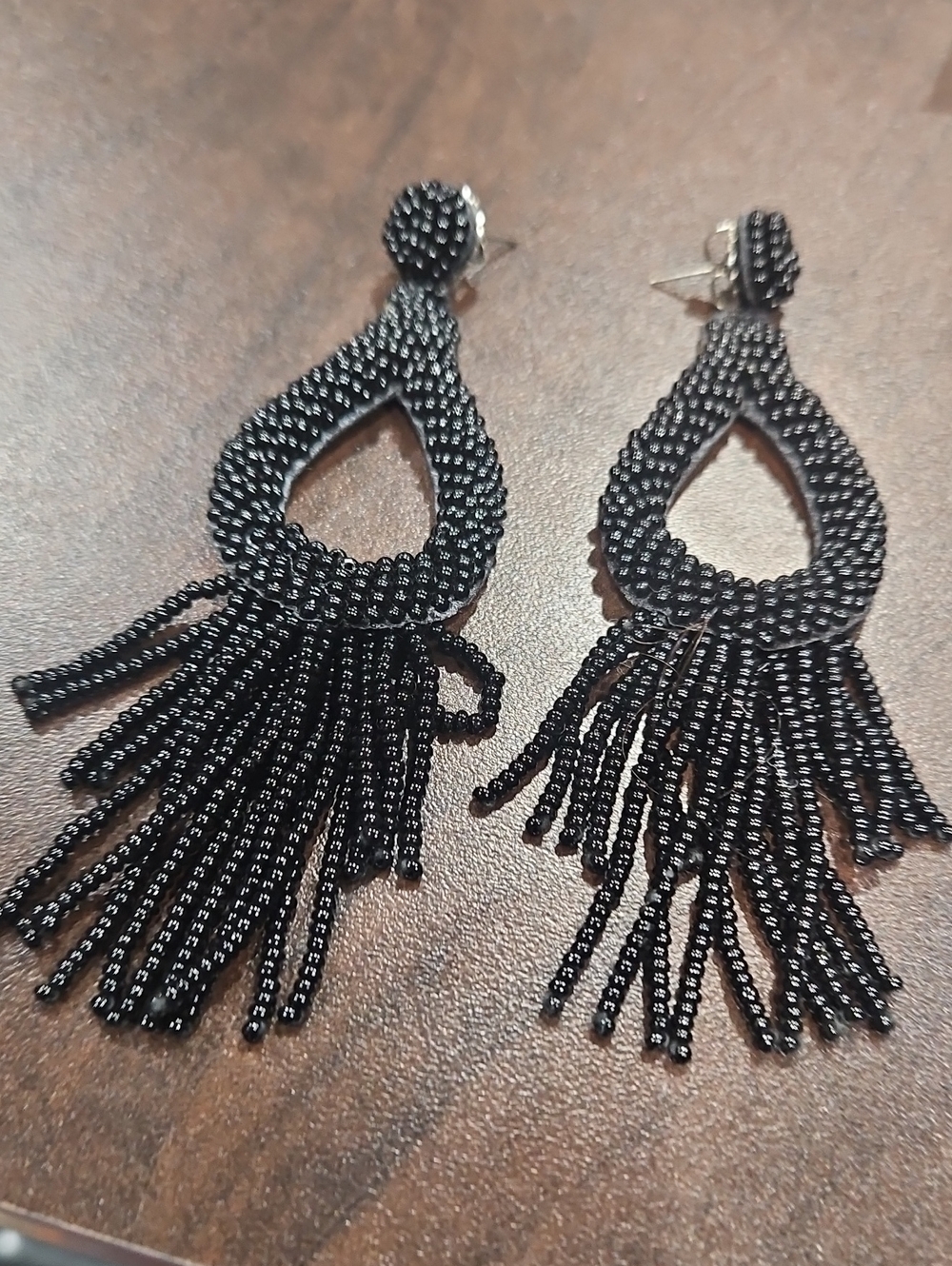 Black Beaded Teardrop Fringe Earrings - Women Jewelry